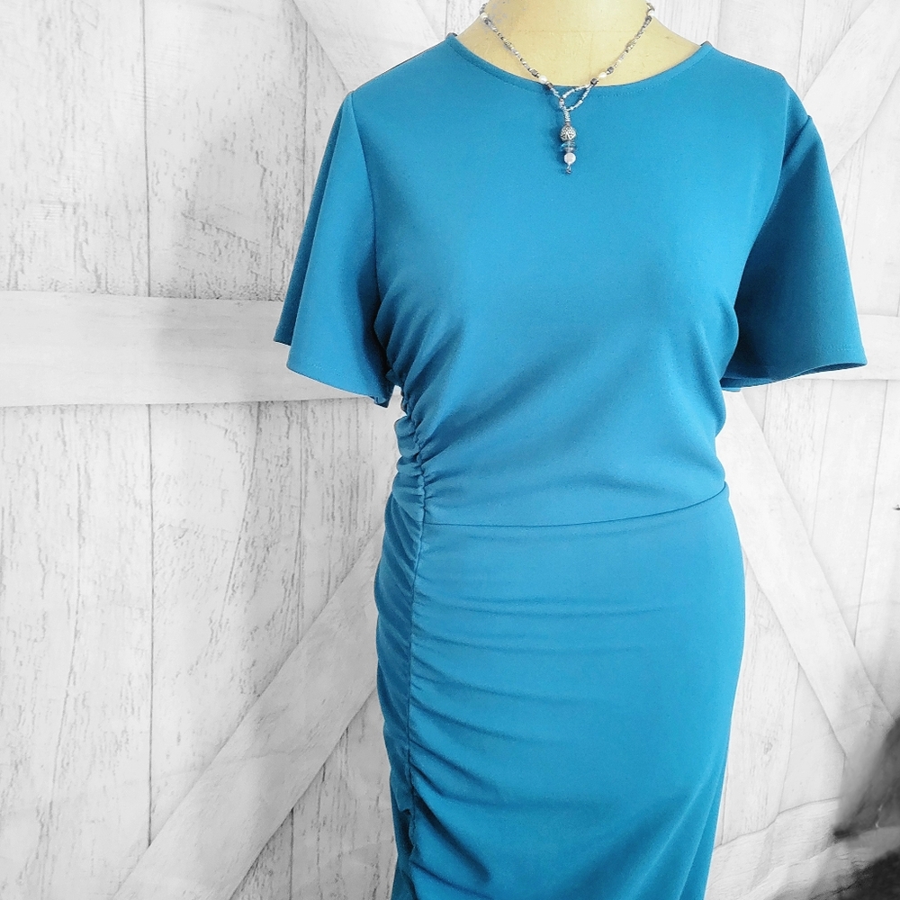 Elegant Teal Blue Dress with Side Ruching, Flutter Sleeves and Zippered Back XXL